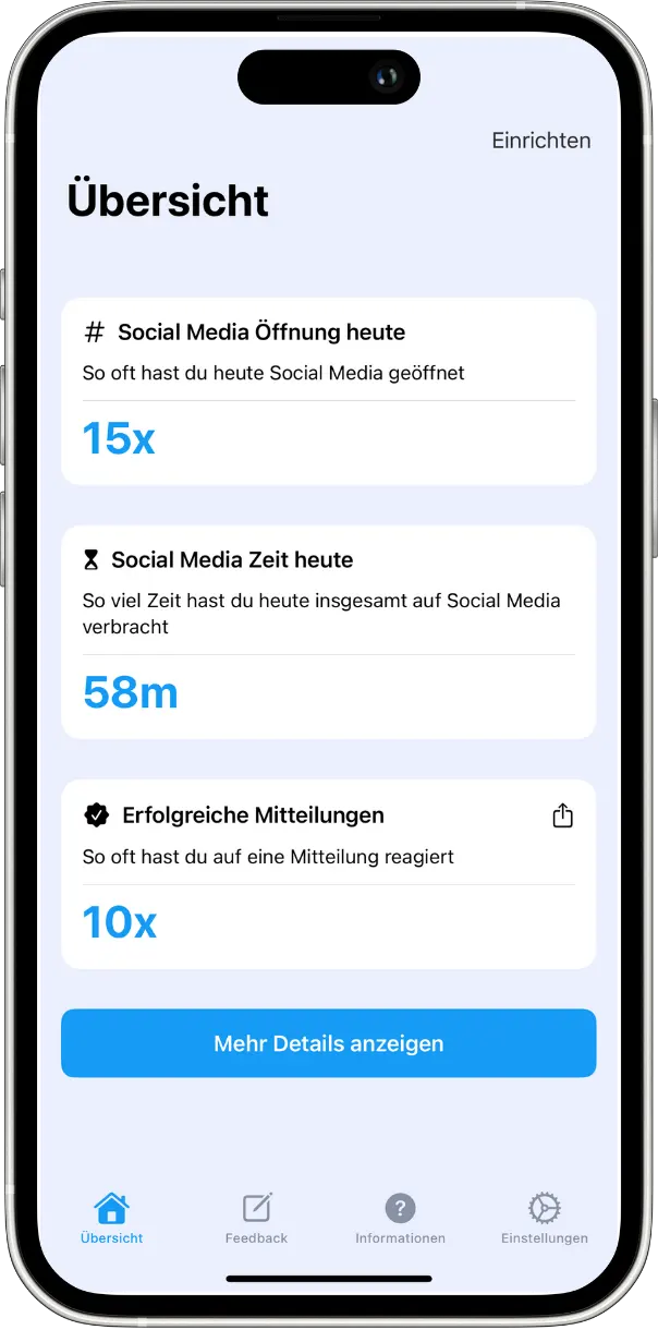 Screenshot der SocialHope App auf einem Smartphone: Übersicht zeigt Social-Media-Nutzung mit Anzahl der App-Öffnungen (15x), verbrachter Zeit (58 Minuten) und Reaktionen auf Mitteilungen (10x) – digitale Achtsamkeit und bewusster Medienkonsum auf einen Blick.