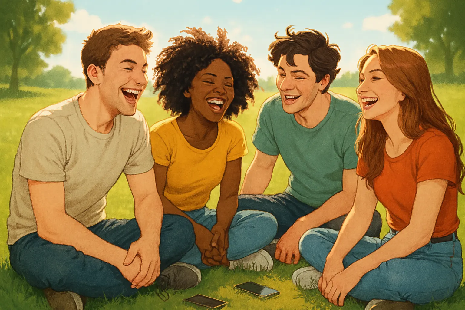 Junge Erwachsene genießen die Freizeit im Park ohne Smartphone – Freunde lachen gemeinsam im Grünen an einem sonnigen Tag.Junge Erwachsene genießen die Freizeit im Park ohne Smartphone – Freunde lachen gemeinsam im Grünen an einem sonnigen Tag.