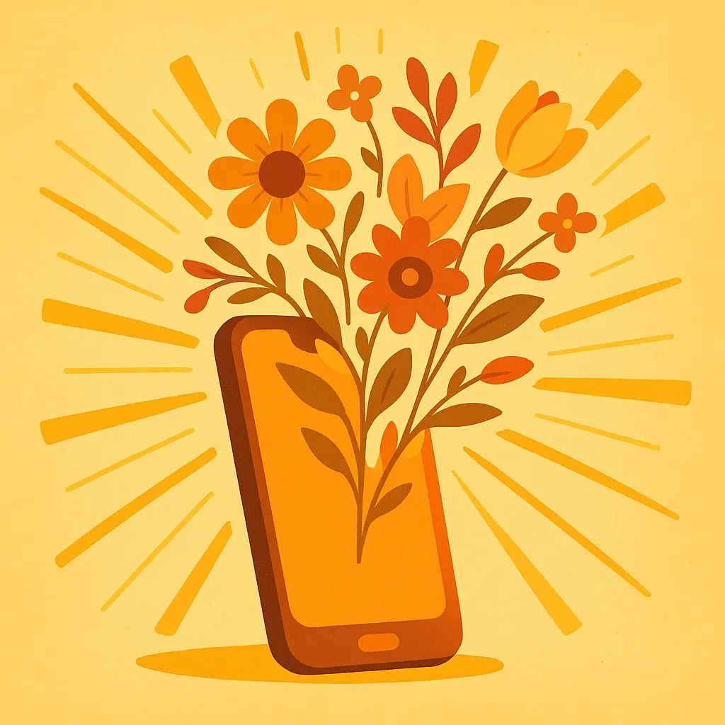 Symbolbild für digitales Wohlbefinden: Aus einem Smartphone wachsen farbenfrohe Blumen – Metapher für achtsame Smartphone-Nutzung, digitale Entgiftung und mehr Lebensfreude im Alltag.