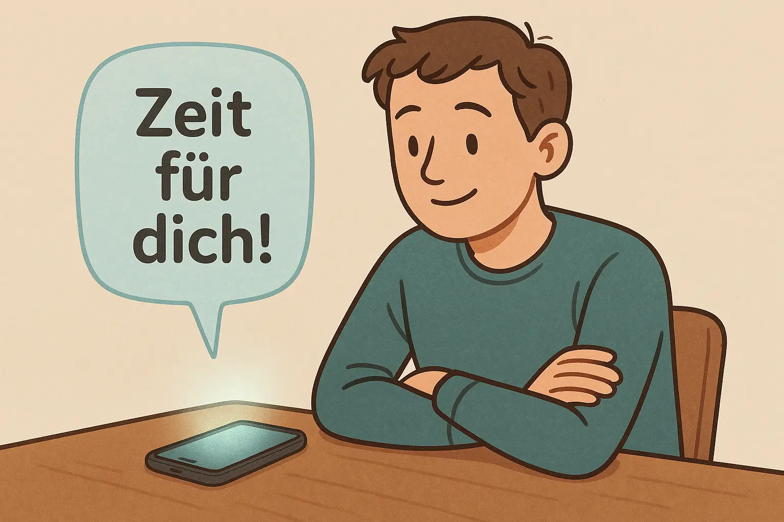 Illustration eines jungen Mannes, der entspannt vor seinem Smartphone sitzt – auf dem Display erscheint die Nachricht ‚Zeit für dich!‘. Symbol für bewusste Bildschirmzeit, Achtsamkeit und digitale Balance.